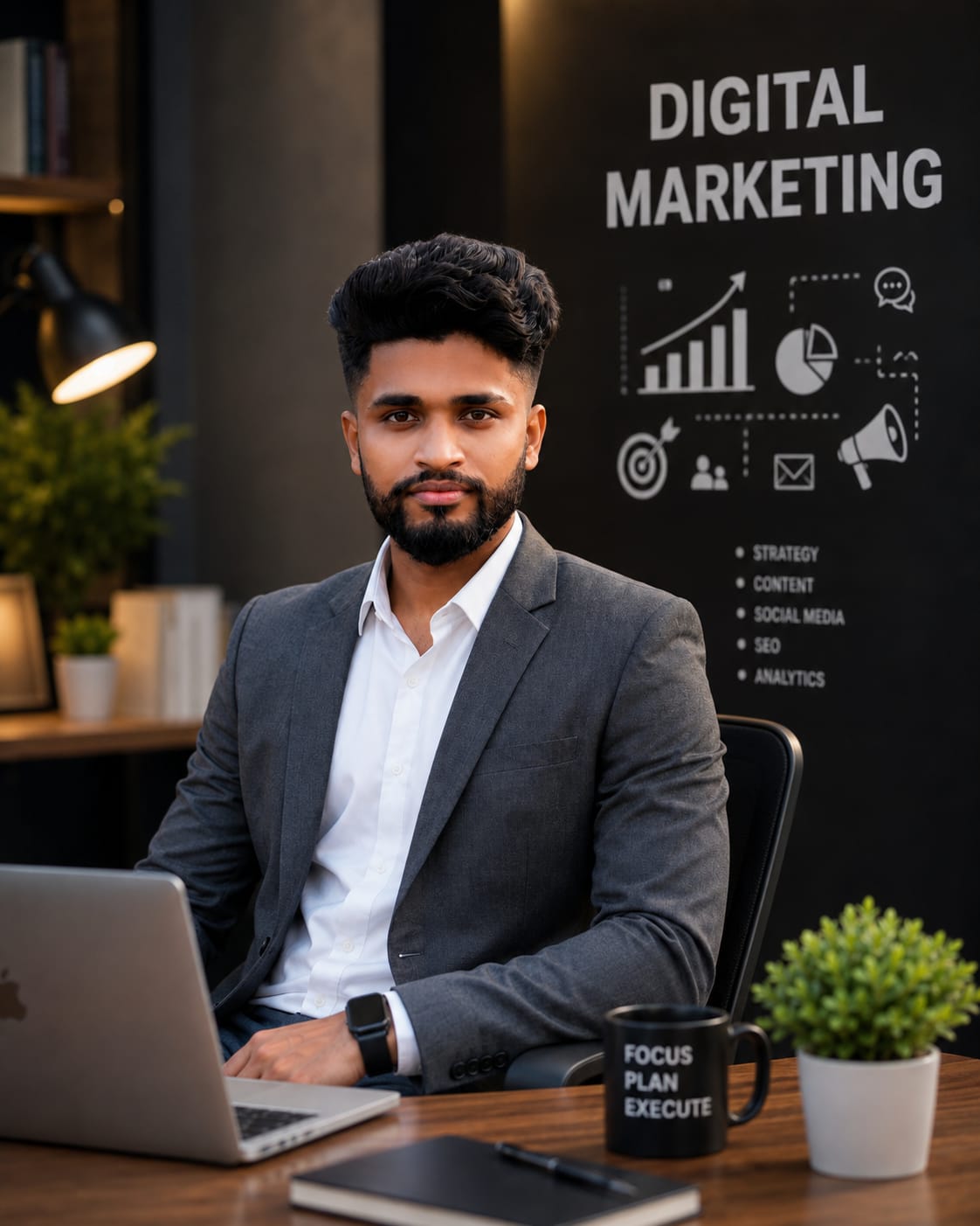 Digital marketing freelancer working on a laptop with digital marketing graphics
