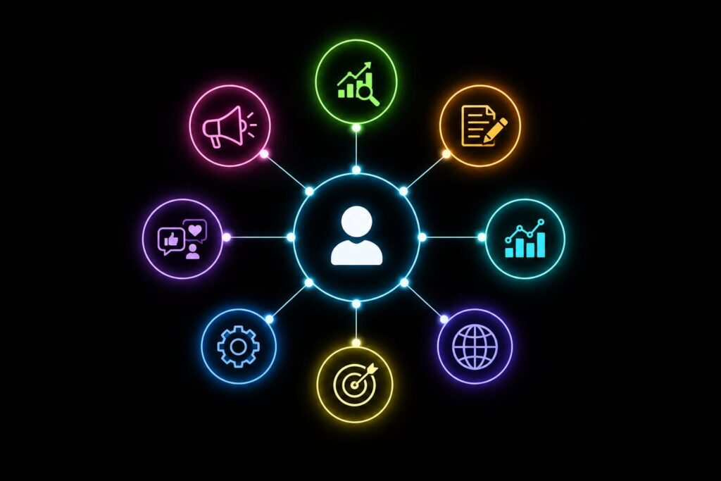 Digital marketing strategy infographic with a central user icon and connected SEO, content, analytics, social media, targeting, and web icons.