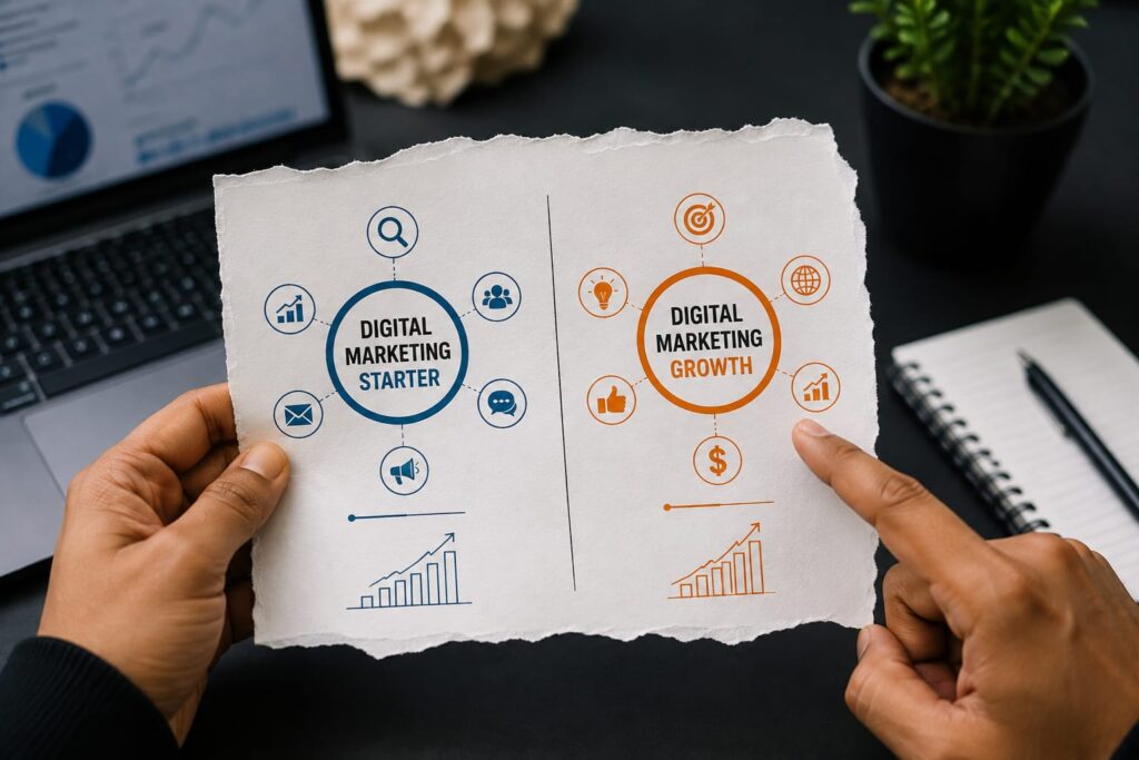 Hands holding a torn paper diagram comparing starter and growth digital marketing service packages.