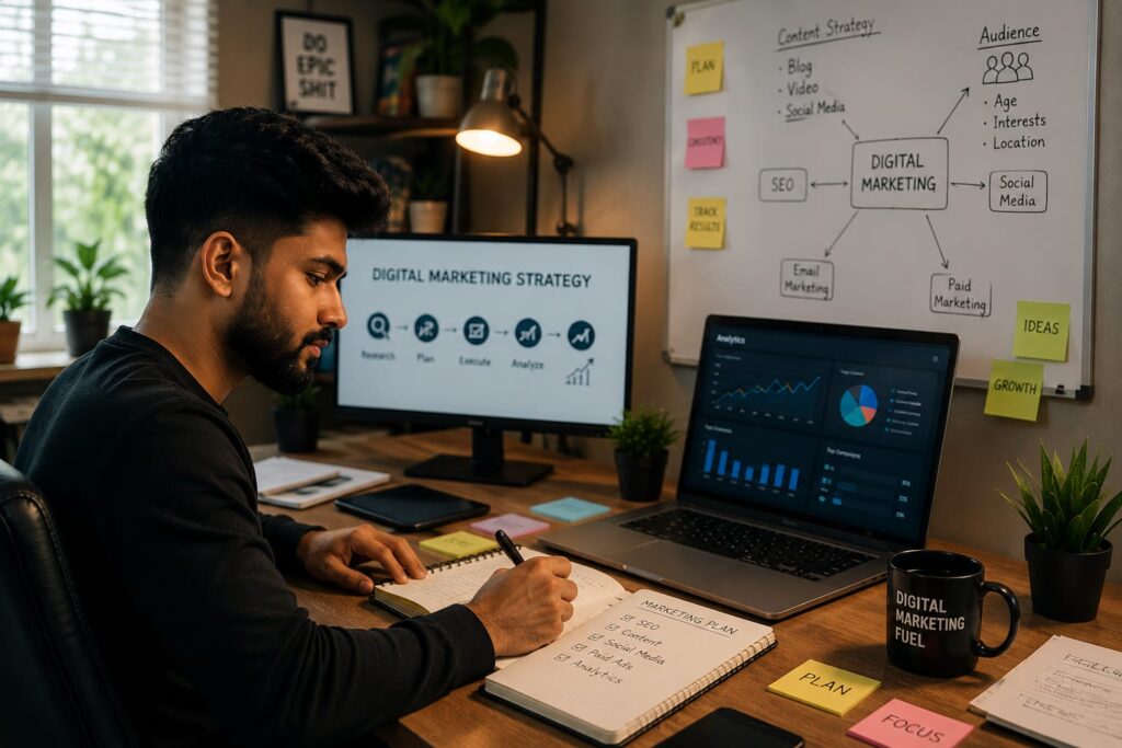 A professional team analyzing business analytics to provide effective digital marketing service options.