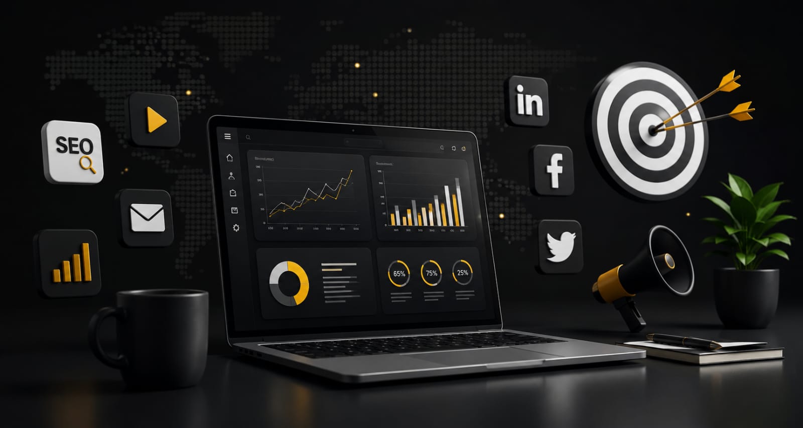 Digital marketing analytics dashboard on a laptop with floating 3D icons for SEO, social media, and target marketing.